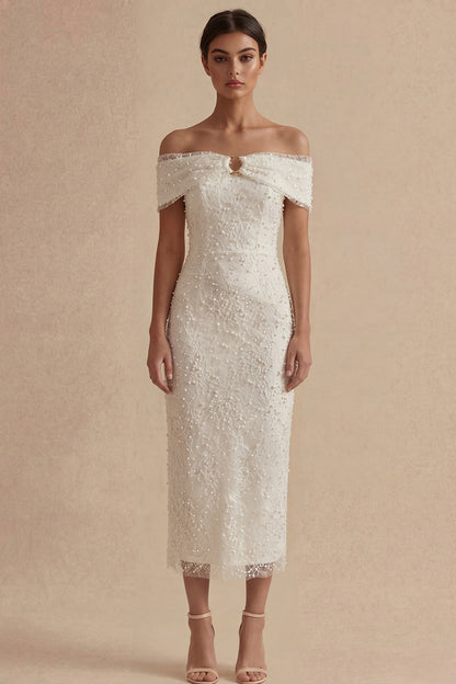 Sheath Maxi White Boho Wedding Dress with Pearls