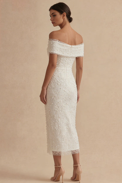 Sheath Maxi White Boho Wedding Dress with Pearls