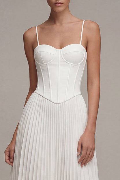 Spaghetti Straps White Midi A Line Corset Beach Wedding Dress with Pleats