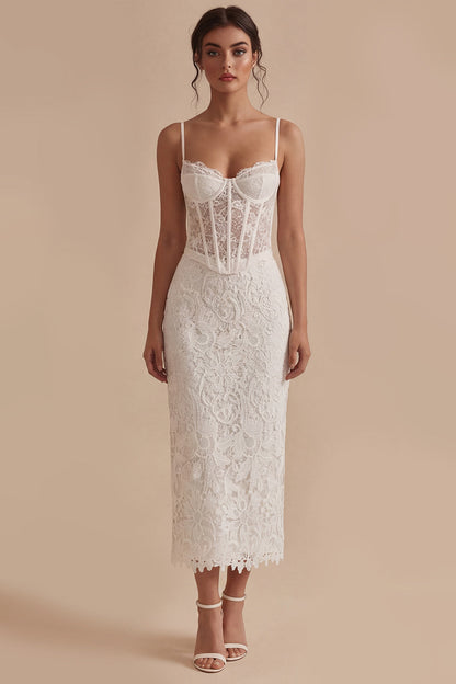 Spaghetti Straps Sheath Maxi Floral Lace Corset White Boho Wedding Dress