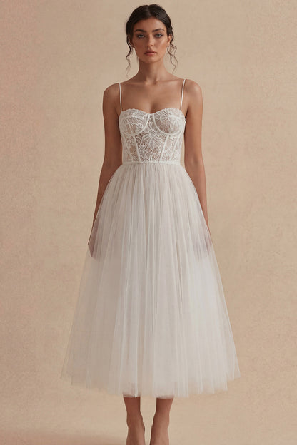 Floral Spaghetti Straps White Maxi A Line Corset Boho Wedding Dress with Lace