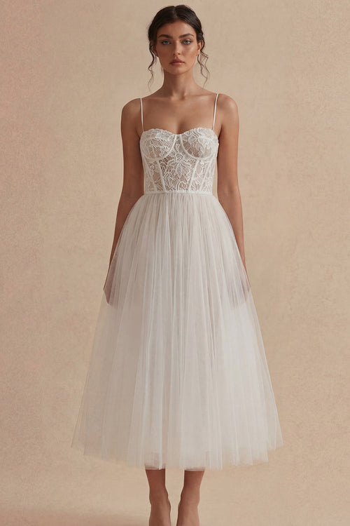 Floral Spaghetti Straps White Maxi A Line Corset Boho Wedding Dress with Lace