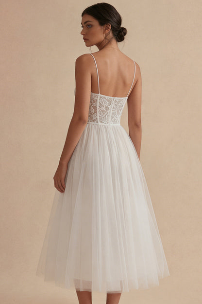 Floral Spaghetti Straps White Maxi A Line Corset Boho Wedding Dress with Lace