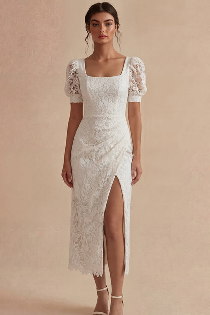 Lace Square Neck Sheath Ruched Maxi White Boho Wedding Dress with Slit