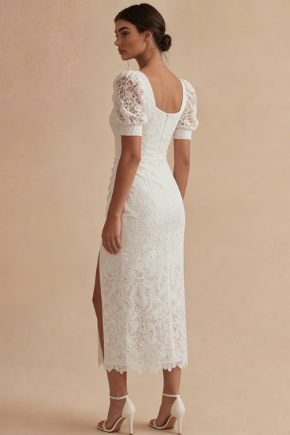 Lace Square Neck Sheath Ruched Maxi White Boho Wedding Dress with Slit