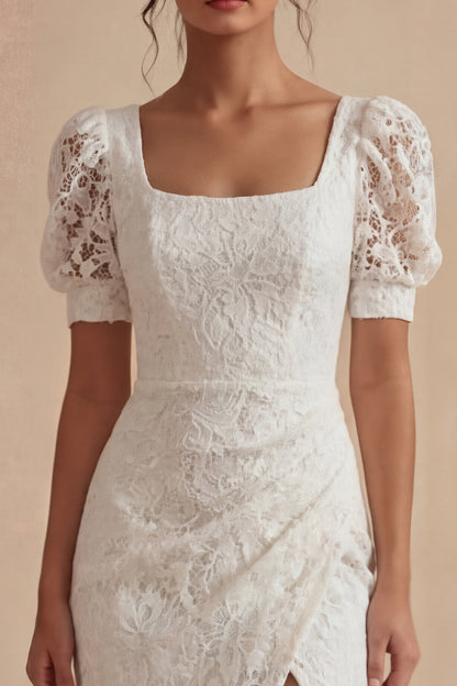 Lace Square Neck Sheath Ruched Maxi White Boho Wedding Dress with Slit