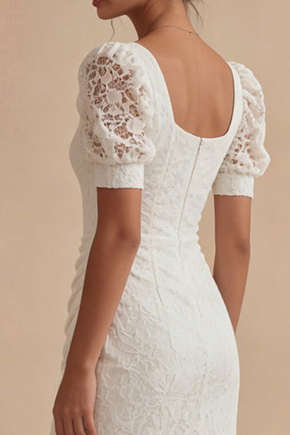 Lace Square Neck Sheath Ruched Maxi White Boho Wedding Dress with Slit