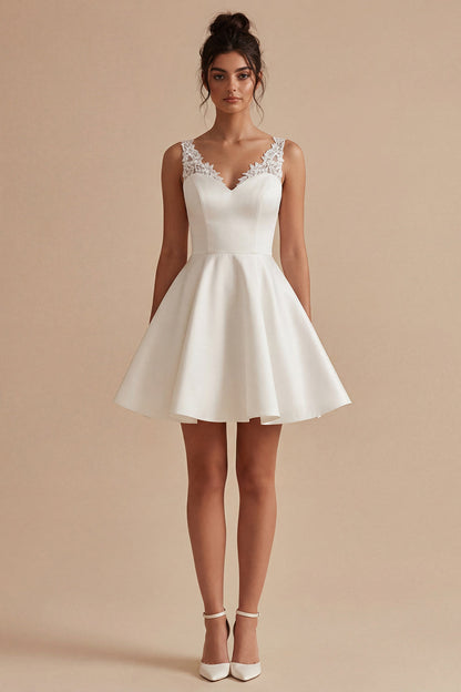 Short V-Neck White A Line Wedding Dress with Lace