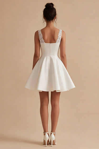 Short V-Neck White A Line Wedding Dress with Lace