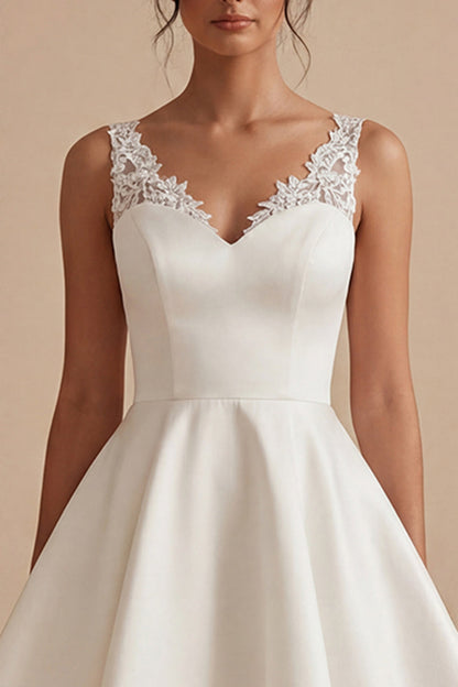 Short V-Neck White A Line Wedding Dress with Lace