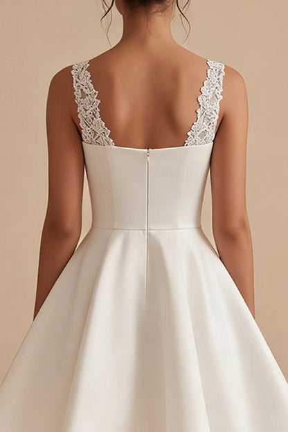 Short V-Neck White A Line Wedding Dress with Lace