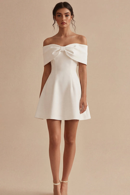 Off the Shoulder Short White A Line Beach Wedding Dress with Bow