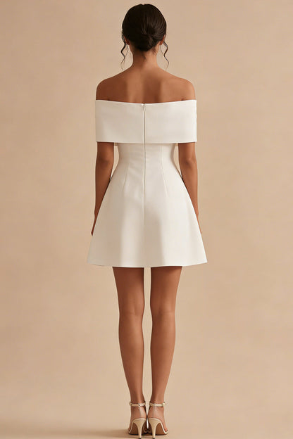 Off the Shoulder Short White A Line Beach Wedding Dress with Bow
