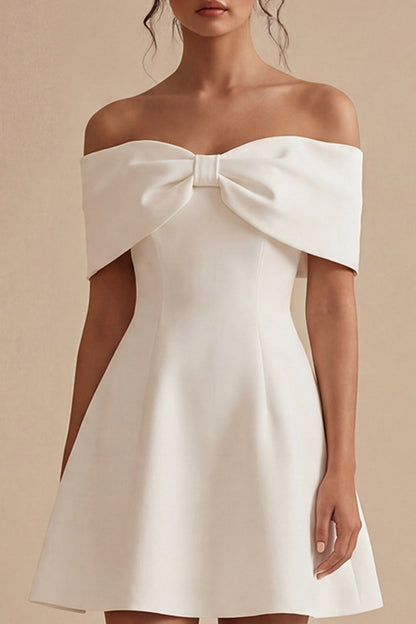 Off the Shoulder Short White A Line Beach Wedding Dress with Bow