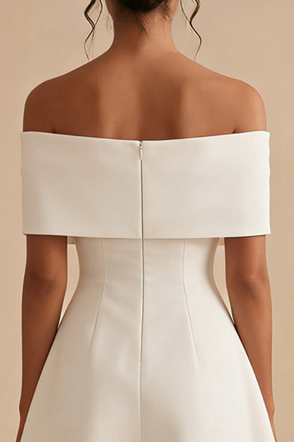 Off the Shoulder Short White A Line Beach Wedding Dress with Bow