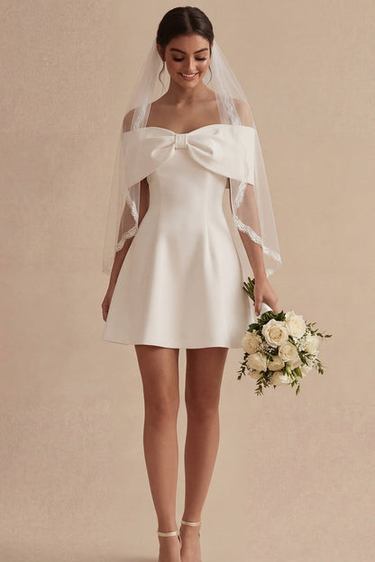 Off the Shoulder Short White A Line Beach Wedding Dress with Bow