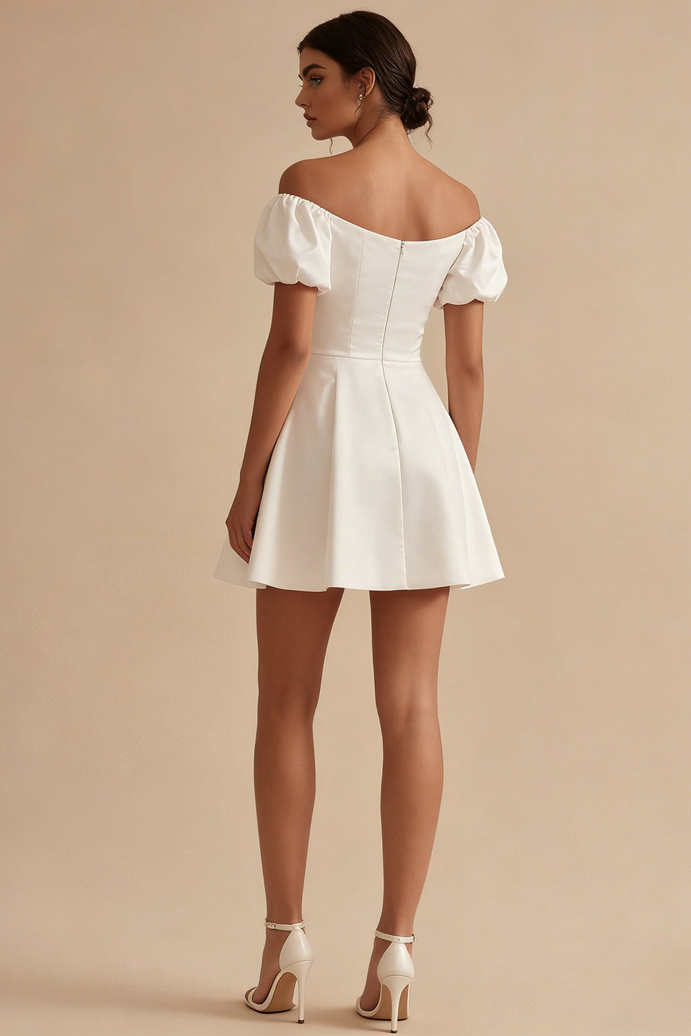 Puff Sleeves Off the Shoulder Short White A Line Beach Wedding Dress