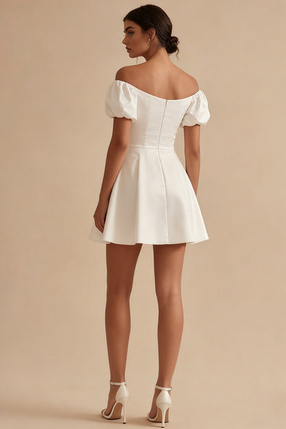 Puff Sleeves Off the Shoulder Short White A Line Beach Wedding Dress