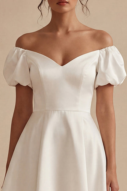 Puff Sleeves Off the Shoulder Short White A Line Beach Wedding Dress