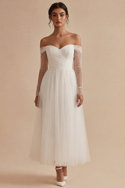 Ruched Long Sleeves White Maxi A Line Off the Shoulder Wedding Dress
