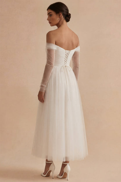 Ruched Long Sleeves White Maxi A Line Off the Shoulder Wedding Dress
