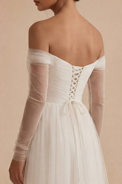 Ruched Long Sleeves White Maxi A Line Off the Shoulder Wedding Dress