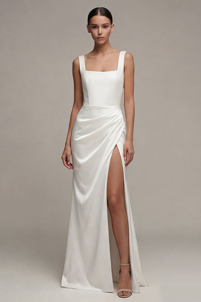 Square Neck Ruched White Maxi Sheath Beach Wedding Dress with Slit