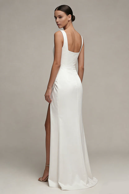 Square Neck Ruched White Maxi Sheath Beach Wedding Dress with Slit