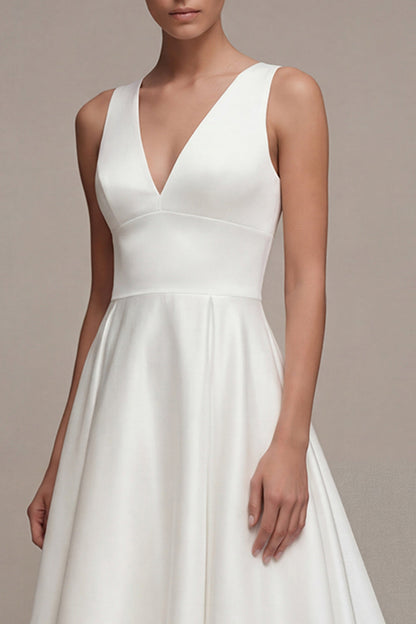 A Line V-Neck White High Low Beach Wedding Dress