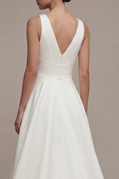A Line V-Neck White High Low Beach Wedding Dress