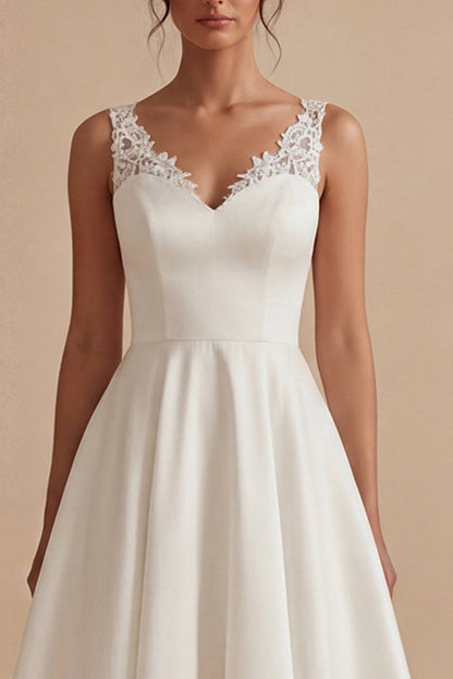 Maxi White A Line V-Neck Wedding Dress with Lace