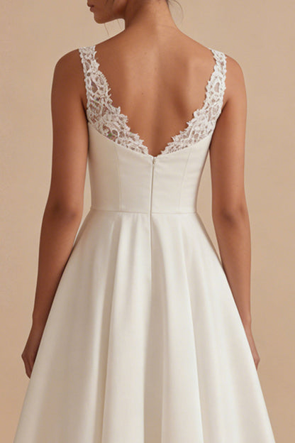 Maxi White A Line V-Neck Wedding Dress with Lace