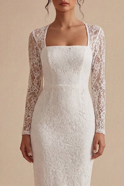 Midi Bodycon Lace Long Sleeves Floral White Boho Wedding Dress