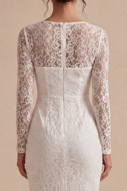 Midi Bodycon Lace Long Sleeves Floral White Boho Wedding Dress