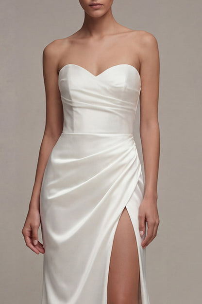 Strapless Ruched White Maxi Sheath Beach Wedding Dress with Slit