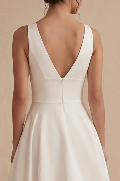 White High Low A Line V-Neck Beach Wedding Dress