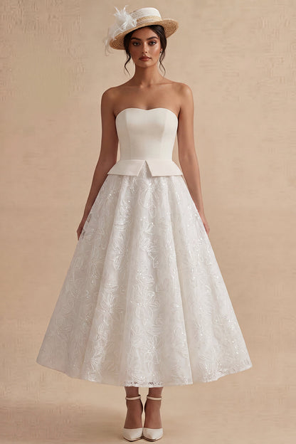 Strapless White Maxi Floral Lace A Line Boho Wedding Dress