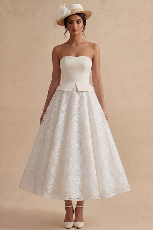 Strapless White Maxi Floral Lace A Line Boho Wedding Dress