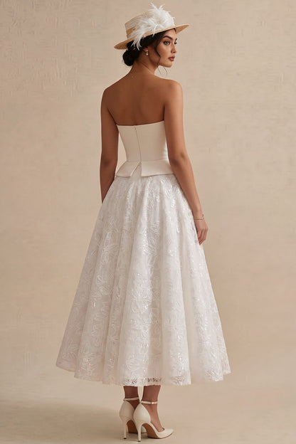 Strapless White Maxi Floral Lace A Line Boho Wedding Dress