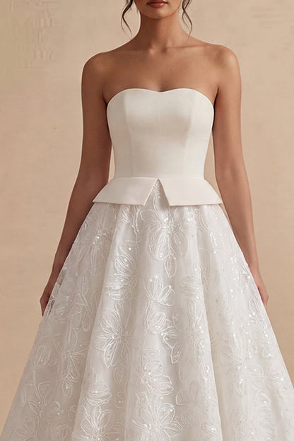 Strapless White Maxi Floral Lace A Line Boho Wedding Dress