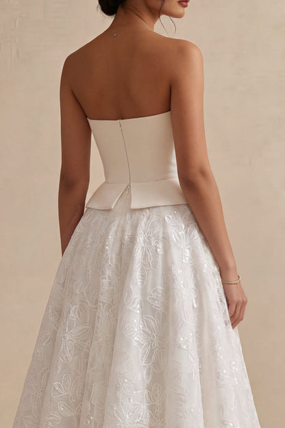 Strapless White Maxi Floral Lace A Line Boho Wedding Dress