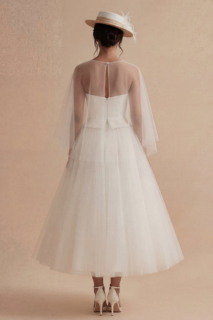 A Line Ilusion Bateau Neck White Maxi Boho Wedding Dress