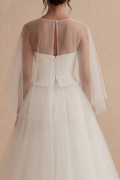 A Line Ilusion Bateau Neck White Maxi Boho Wedding Dress