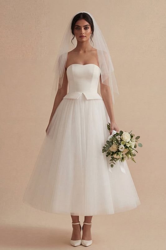 Maxi A Line Strapless White Boho Wedding Dress