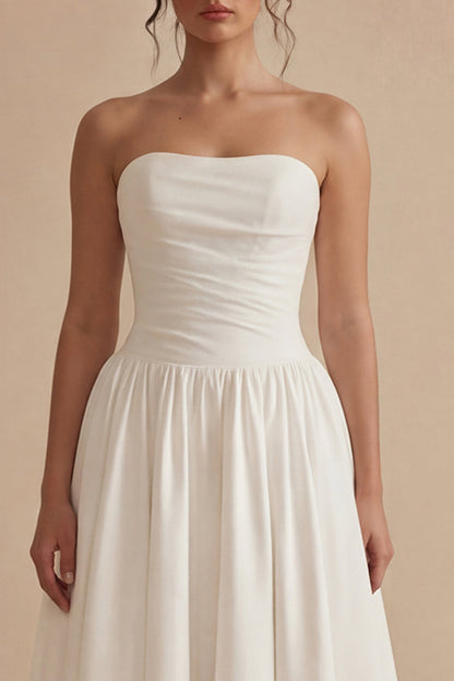 Maxi Strapless Ruched White A Line Beach Wedding Dress