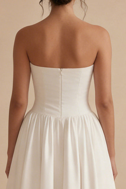 Maxi Strapless Ruched White A Line Beach Wedding Dress