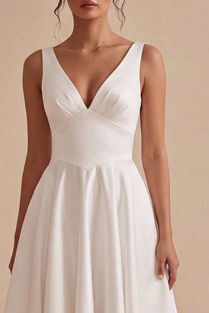 Simple Maxi A Line V-Neck White Wedding Dress