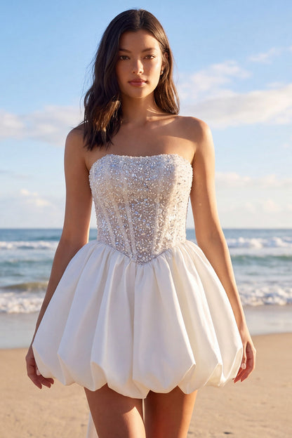 Corset Sparkly Ivory Strapless Beaded A Line Short Wedding Dress with Bow