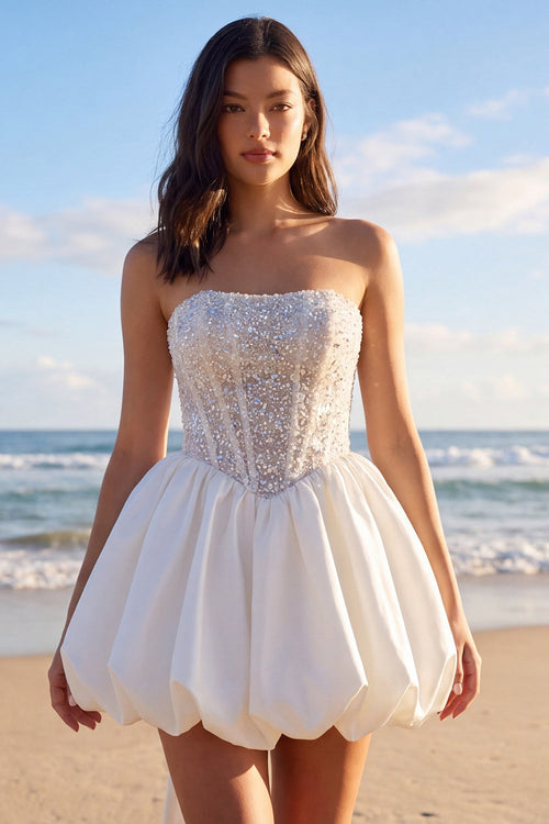 Corset Sparkly Ivory Strapless Beaded A Line Short Wedding Dress with Bow