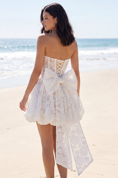Strapless Corset A Line Floral Short Ivory Lace Wedding Dress with Bow